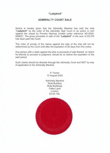 Sale of Ladybird via Admiralty Court